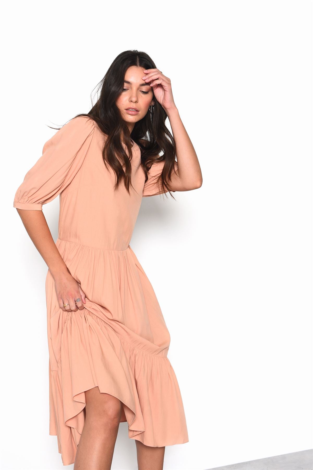 Peach Long Sleeve Puff Midi Dress