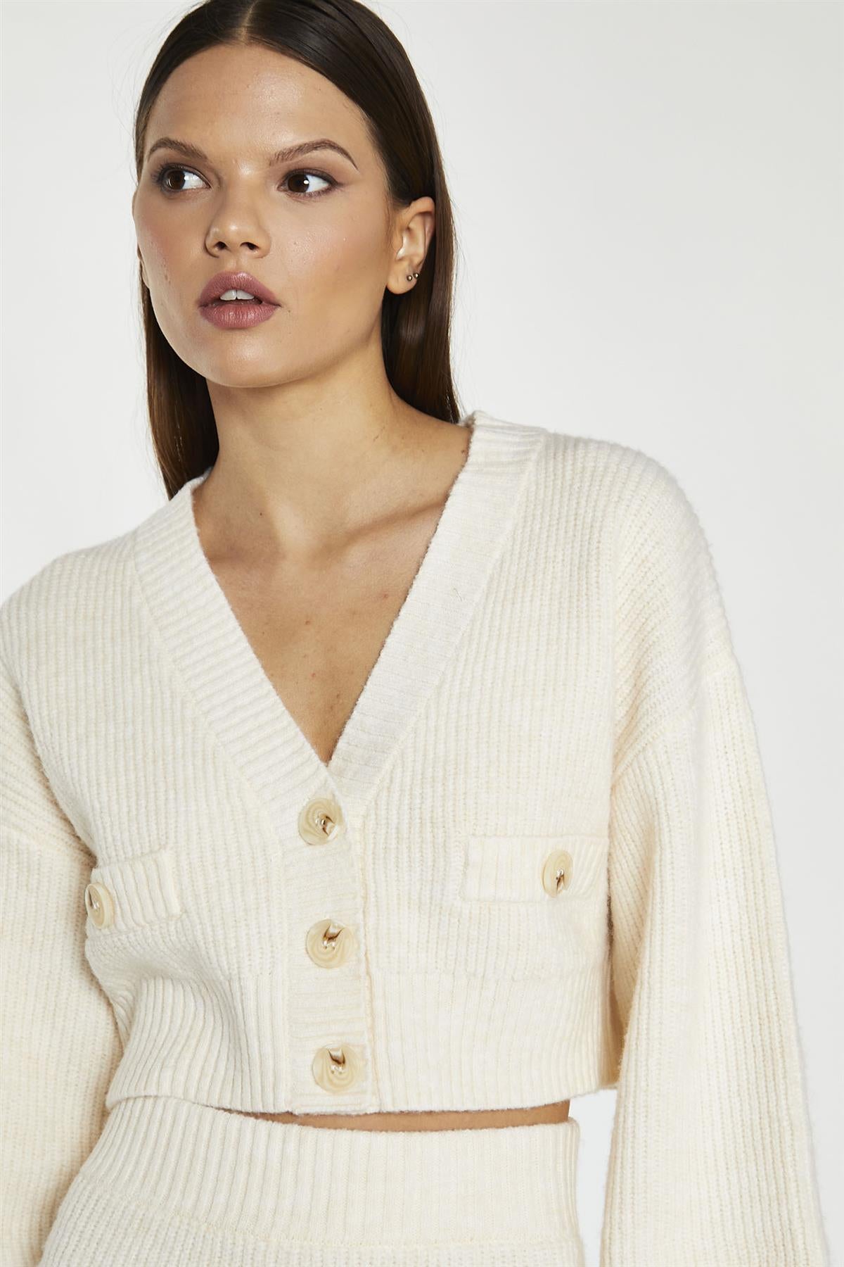 Dark-Cream Oversized Sleeve Crop-Cardigan