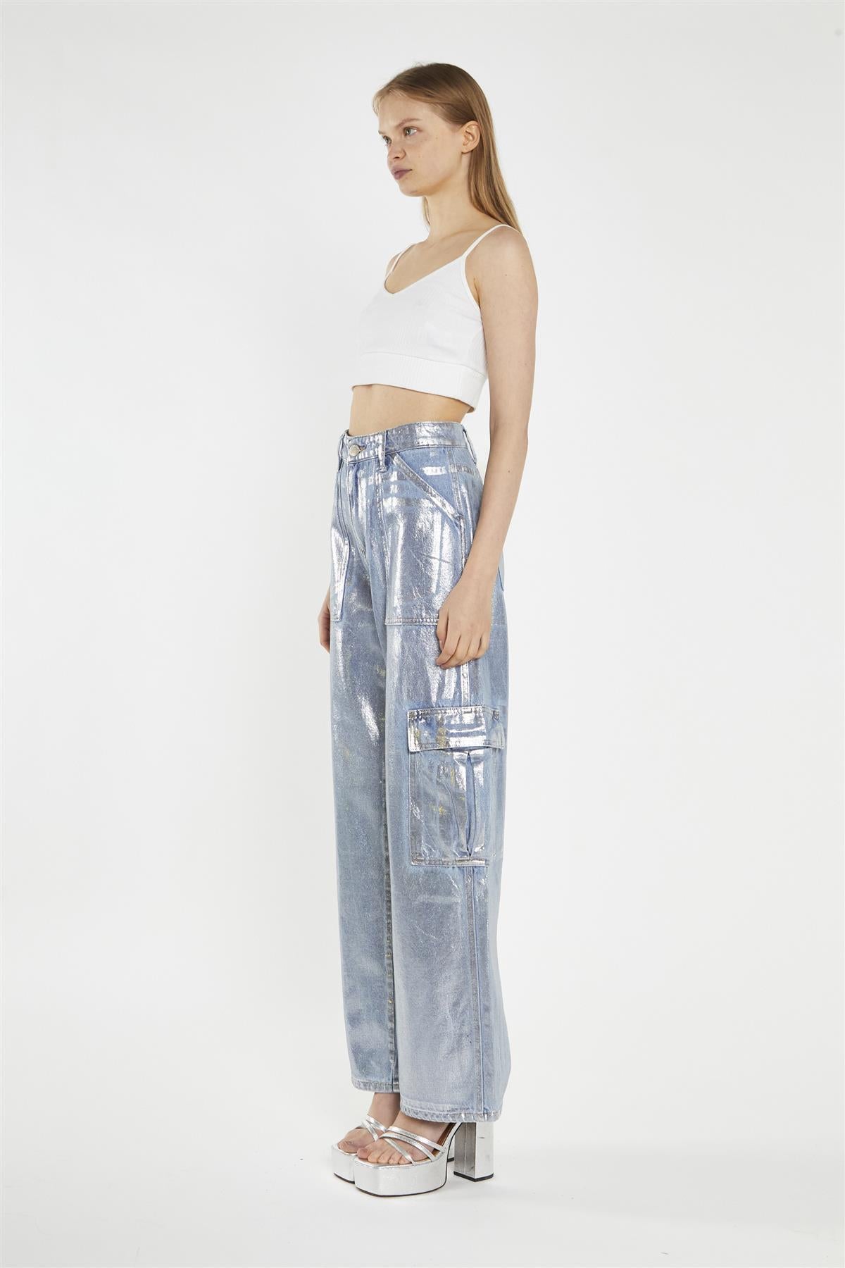 Blue Silver-Foil Wide-Leg Cargo-Jeans