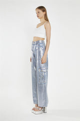 Blue Silver-Foil Wide-Leg Cargo-Jeans