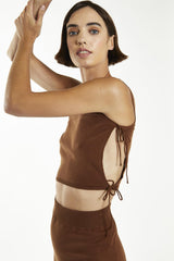 Mahogany-Brown Side Tie Knitted Crop-Top