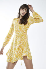 Yellow-White Ditsy V-Neck Skater Mini-Dress