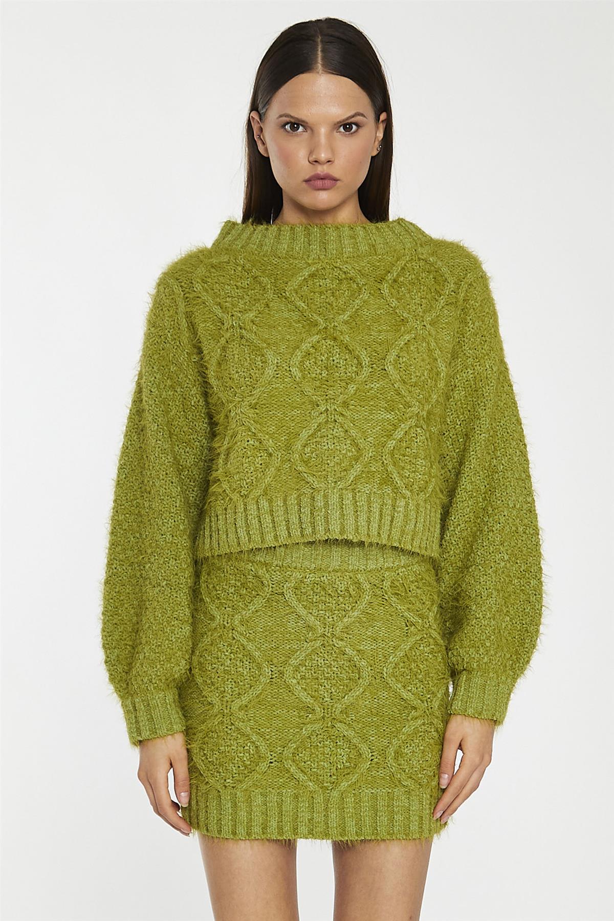 Grass-Green Cable-Knit Mini-Skirt