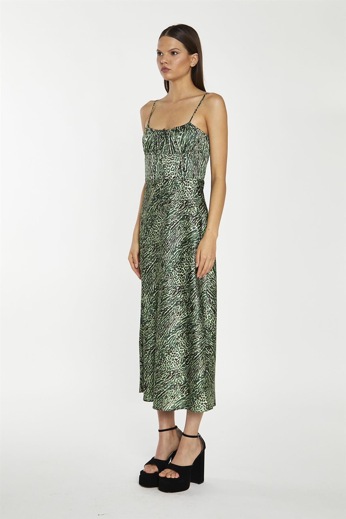 Green-Black Animal Strappy Milkmaid Midi-Dress