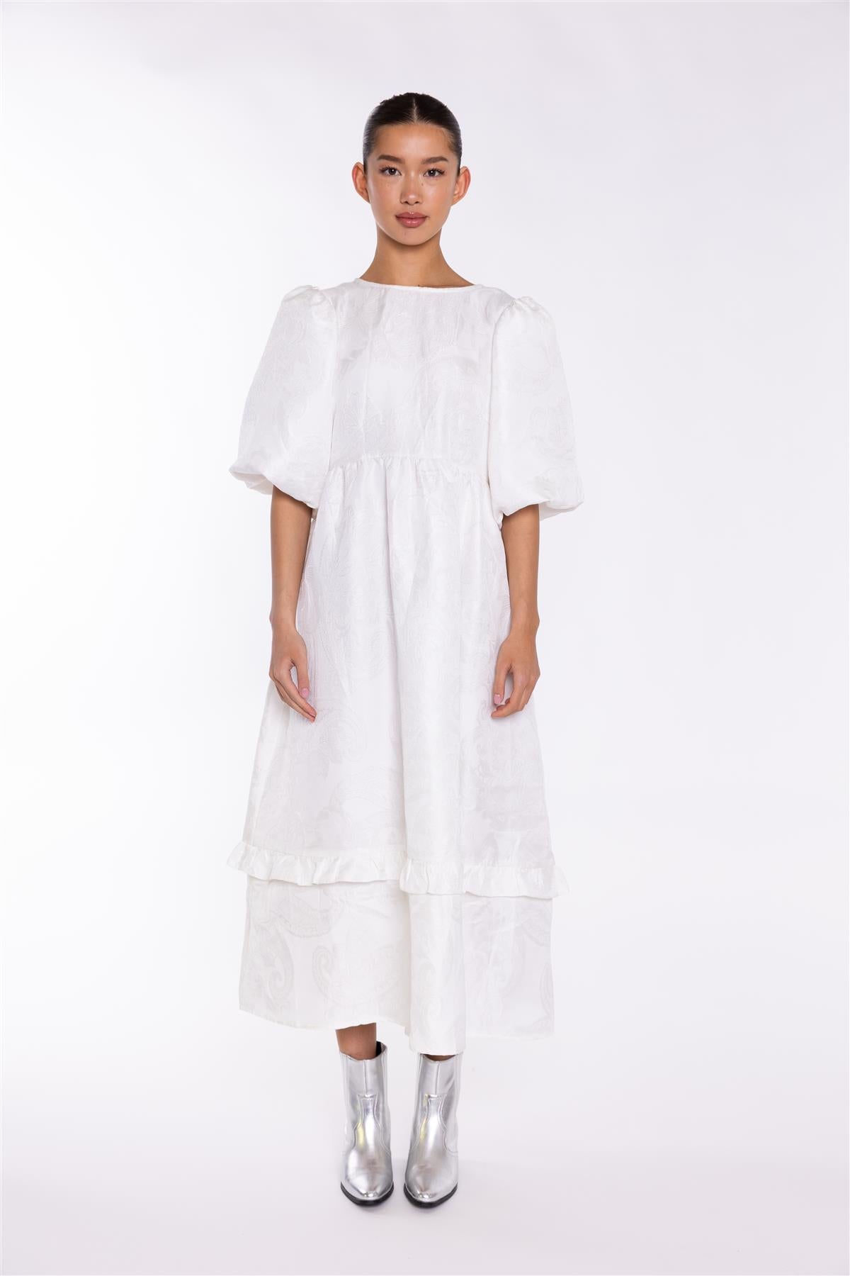 Off-White Brocade Tiered Tie-Back Midi-Dress