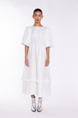 Off-White Brocade Tiered Tie-Back Midi-Dress