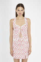 White-Red Daisy Lace Trim Tie-Front-Top