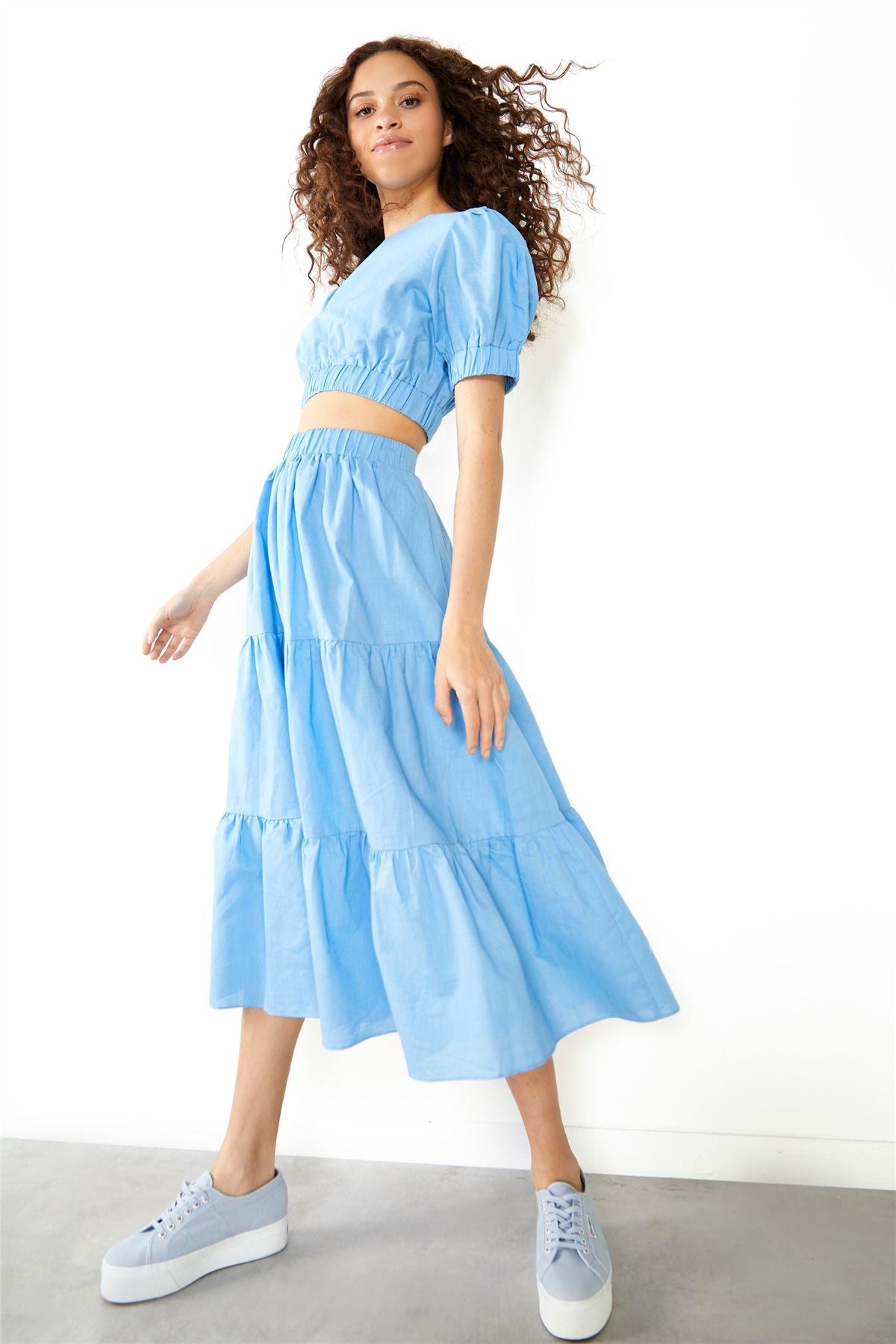 Cornflower-Blue Tiered Midi-Skirt