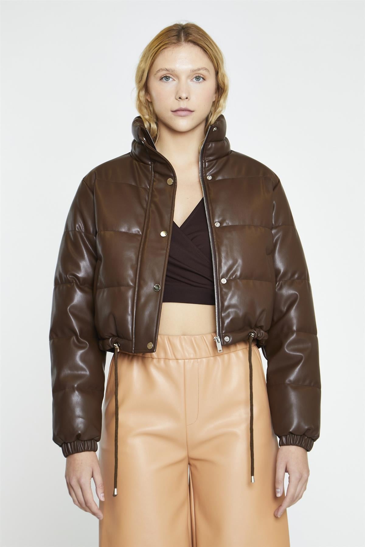 Brown PU Puffer Cropped-Jacket