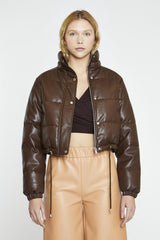 Brown PU Puffer Cropped-Jacket