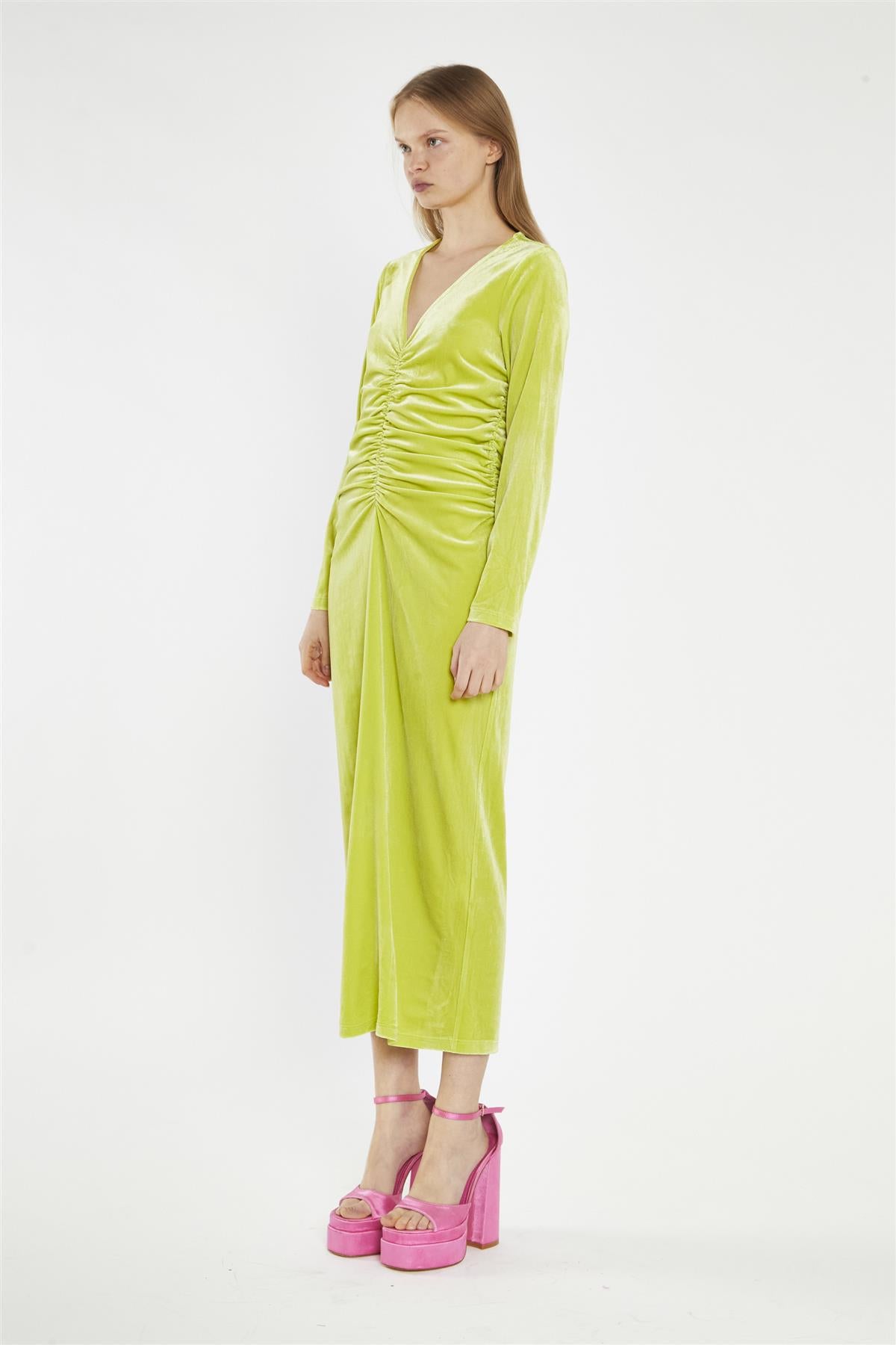 Lime-Green Velvet Ruched-Front Midi-Dress