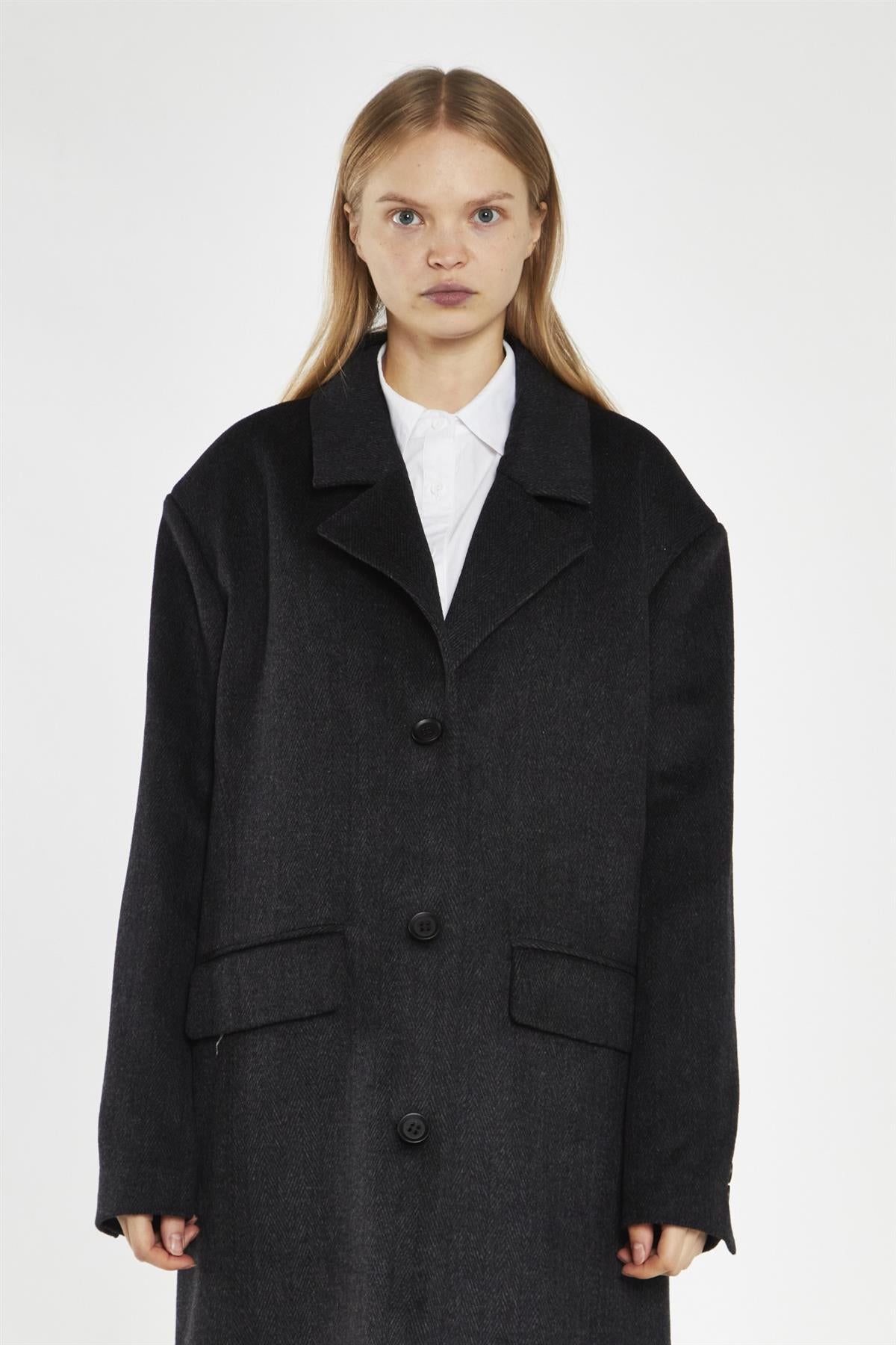 Black Herringbone Oversized Longline-Coat