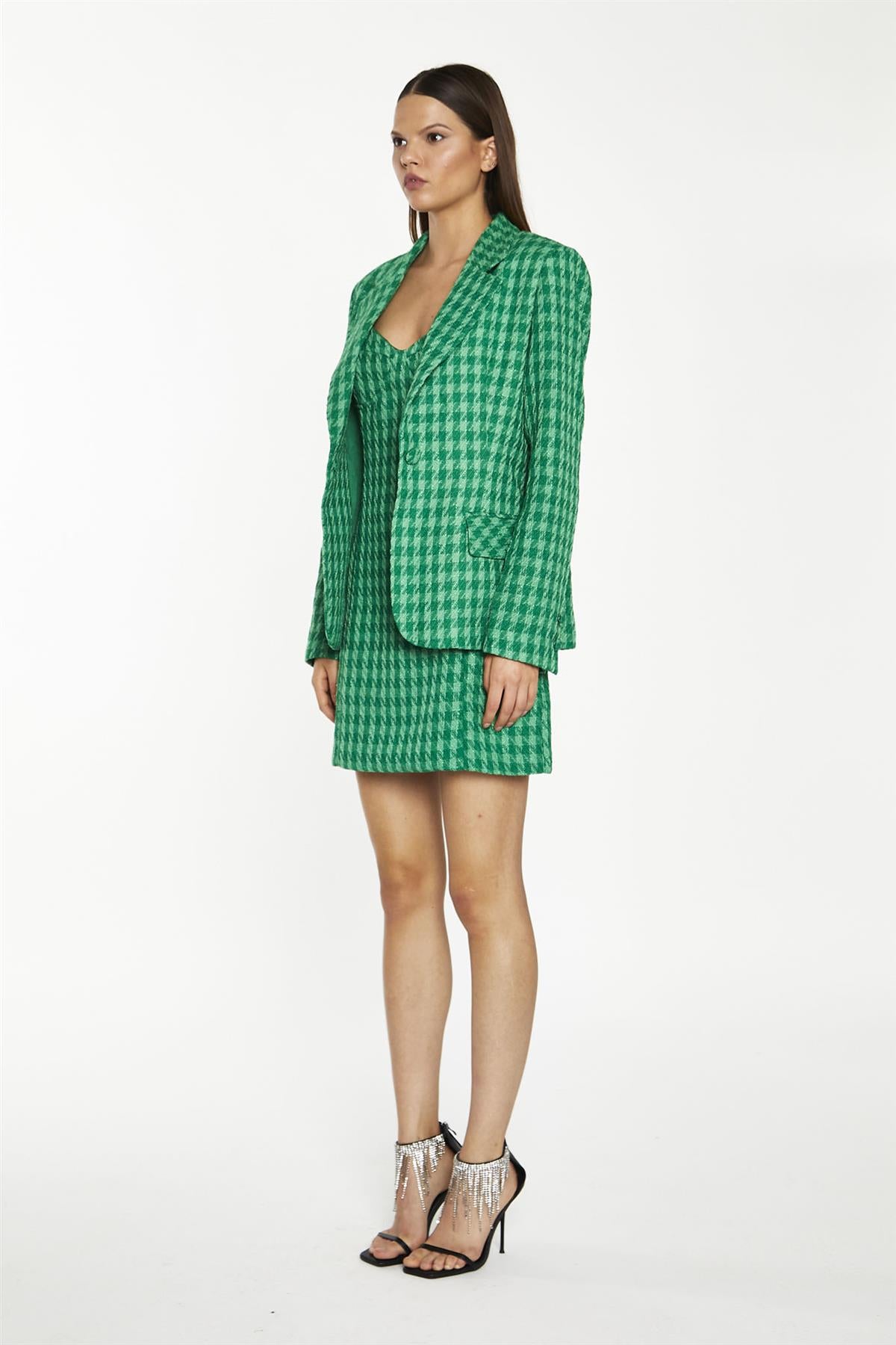 Green Tonal Houndstooth Fitted Blazer