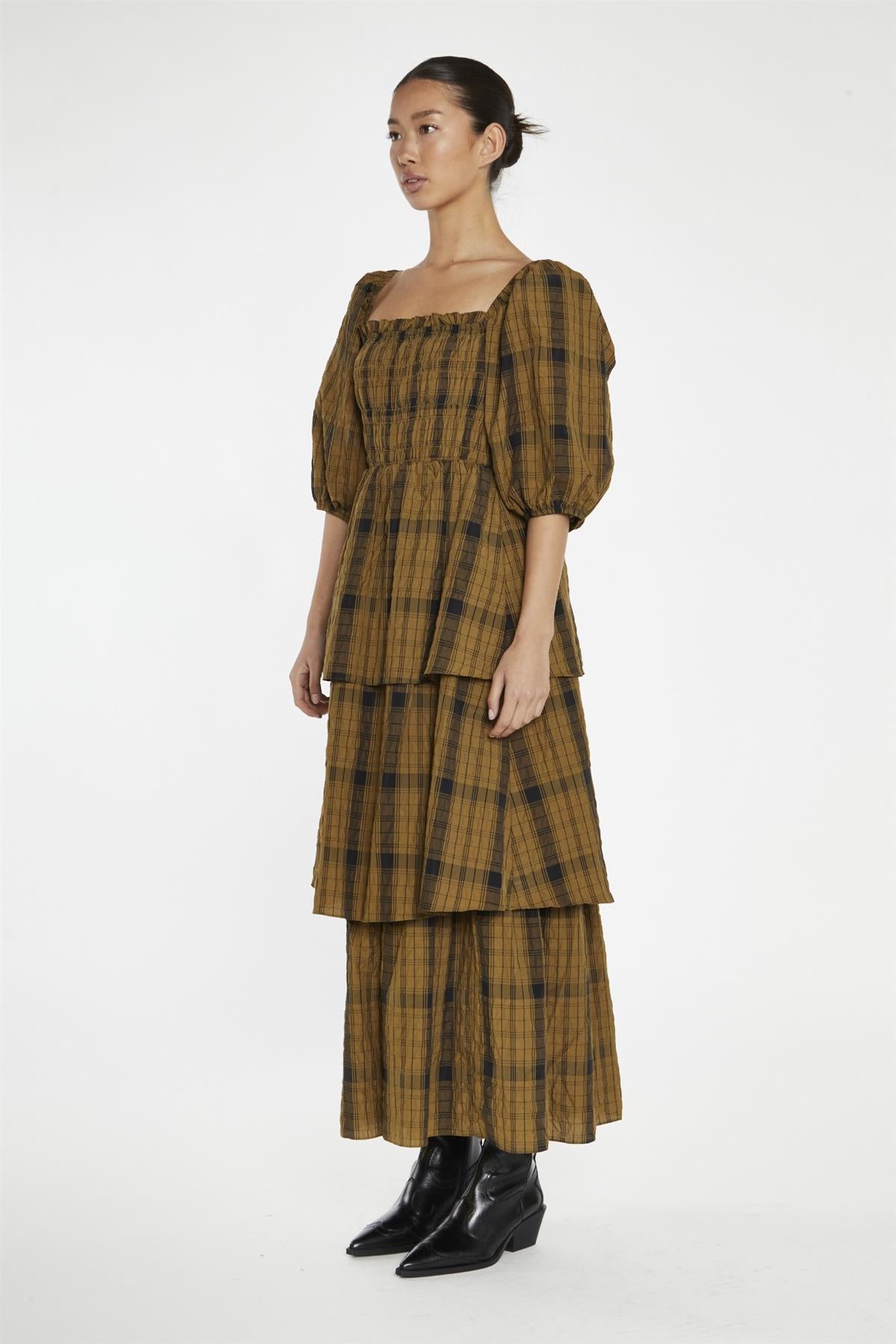 Olive-Check Tiered Maxi-Dress