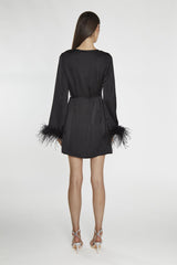 Black-Sateen Feather Trim Wrap Mini-Dress