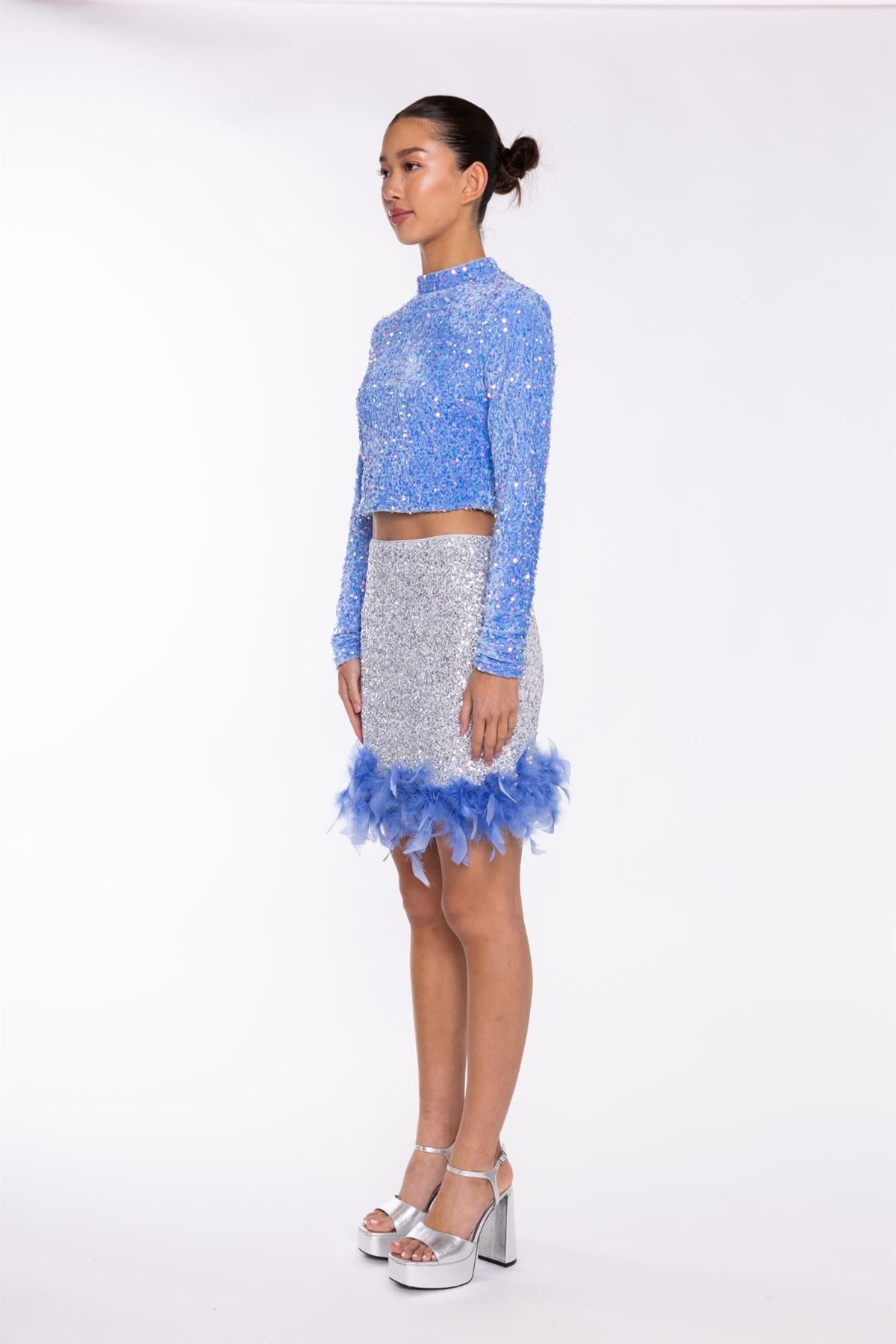 Silver-Sequin Blue Feather-Hem Mini-Skirt