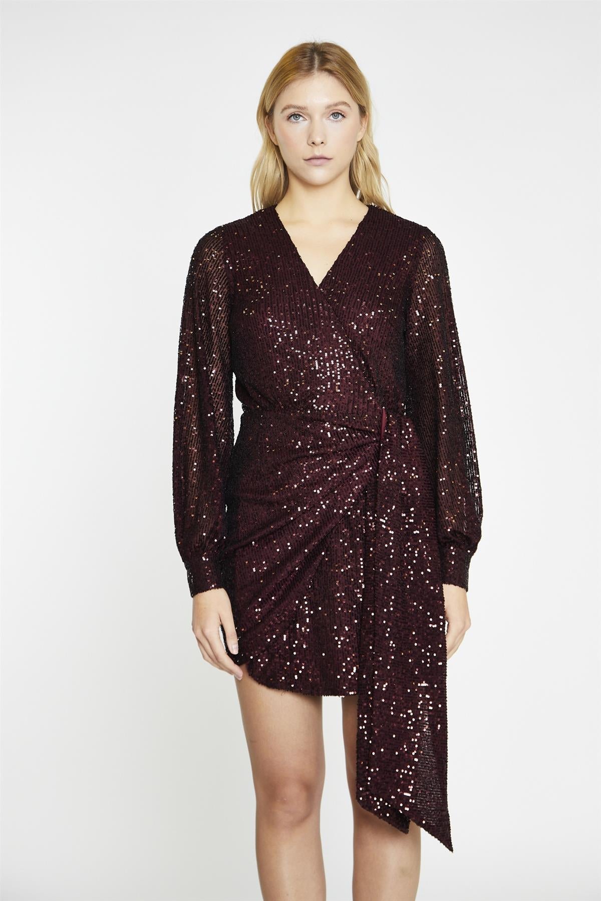 Port-Red Sequin Wrap-Front Mini-Dress