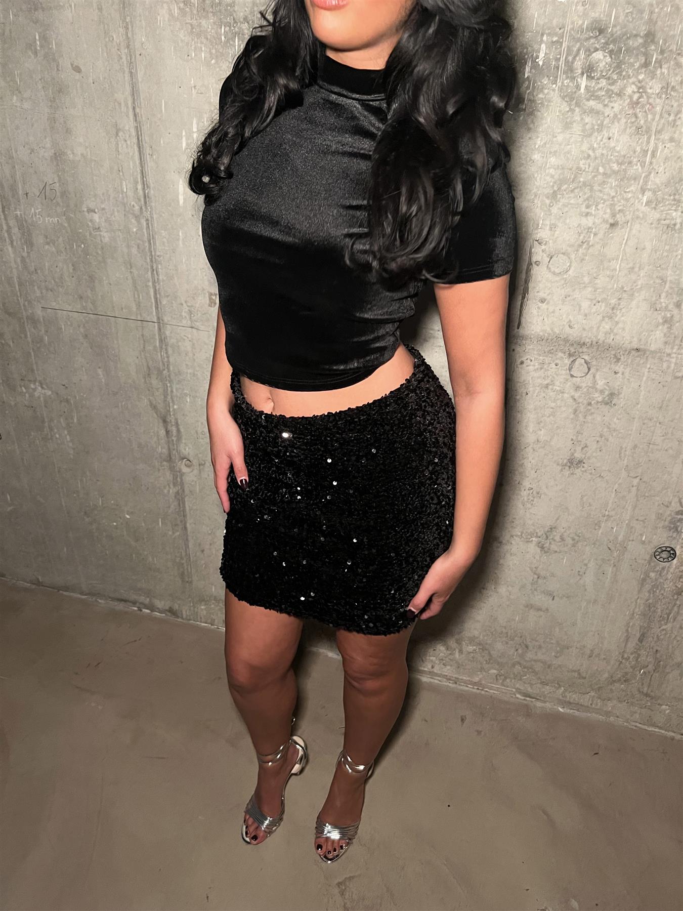 Black-Sequin Velvet Mini Skirt