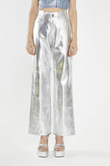 Silver-Pu Wide-Leg Crop-Trousers