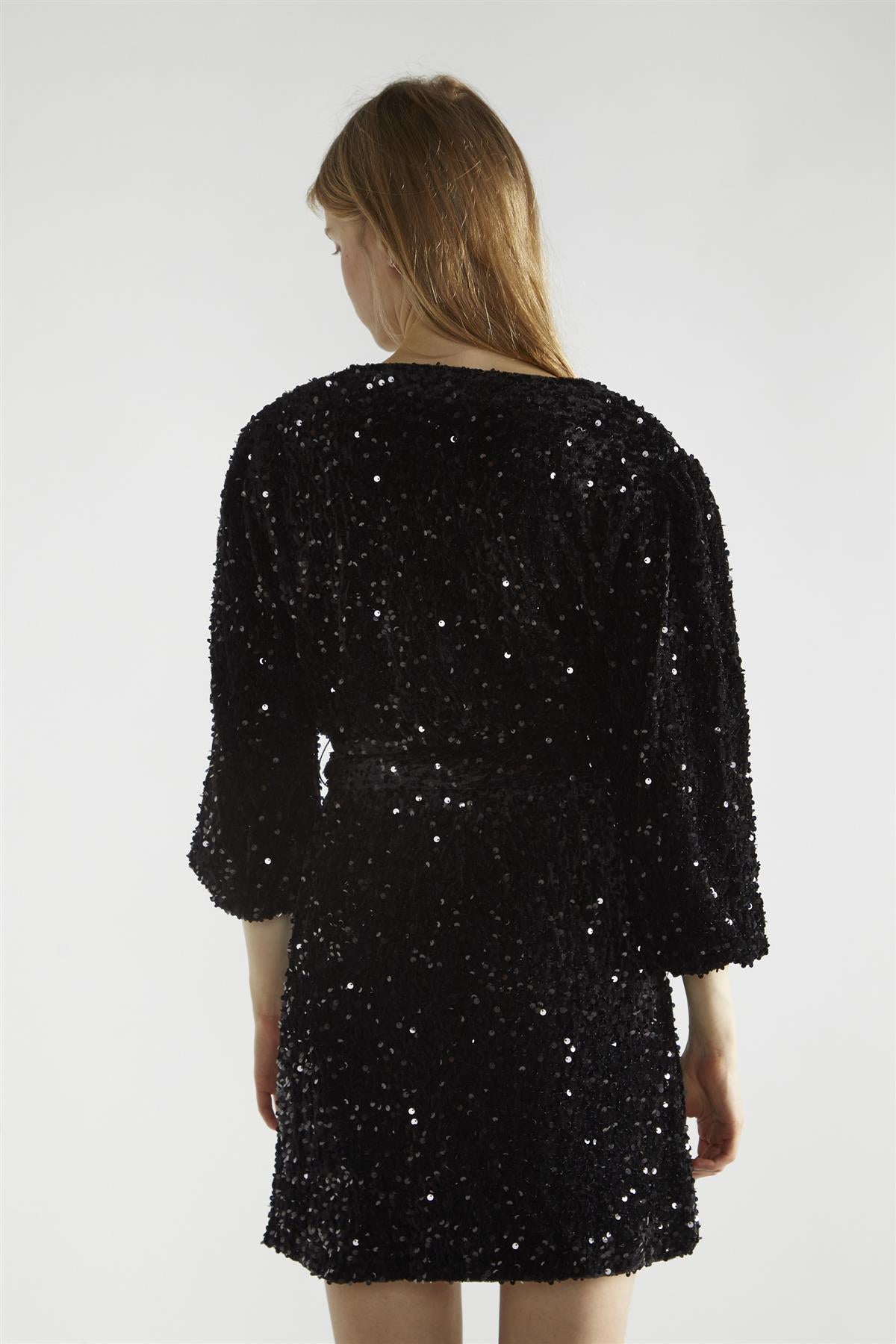 Black Velvet-Sequin Wrap Mini-Dress