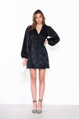 Black-Satin Jacquard Wrap Mini-Dress