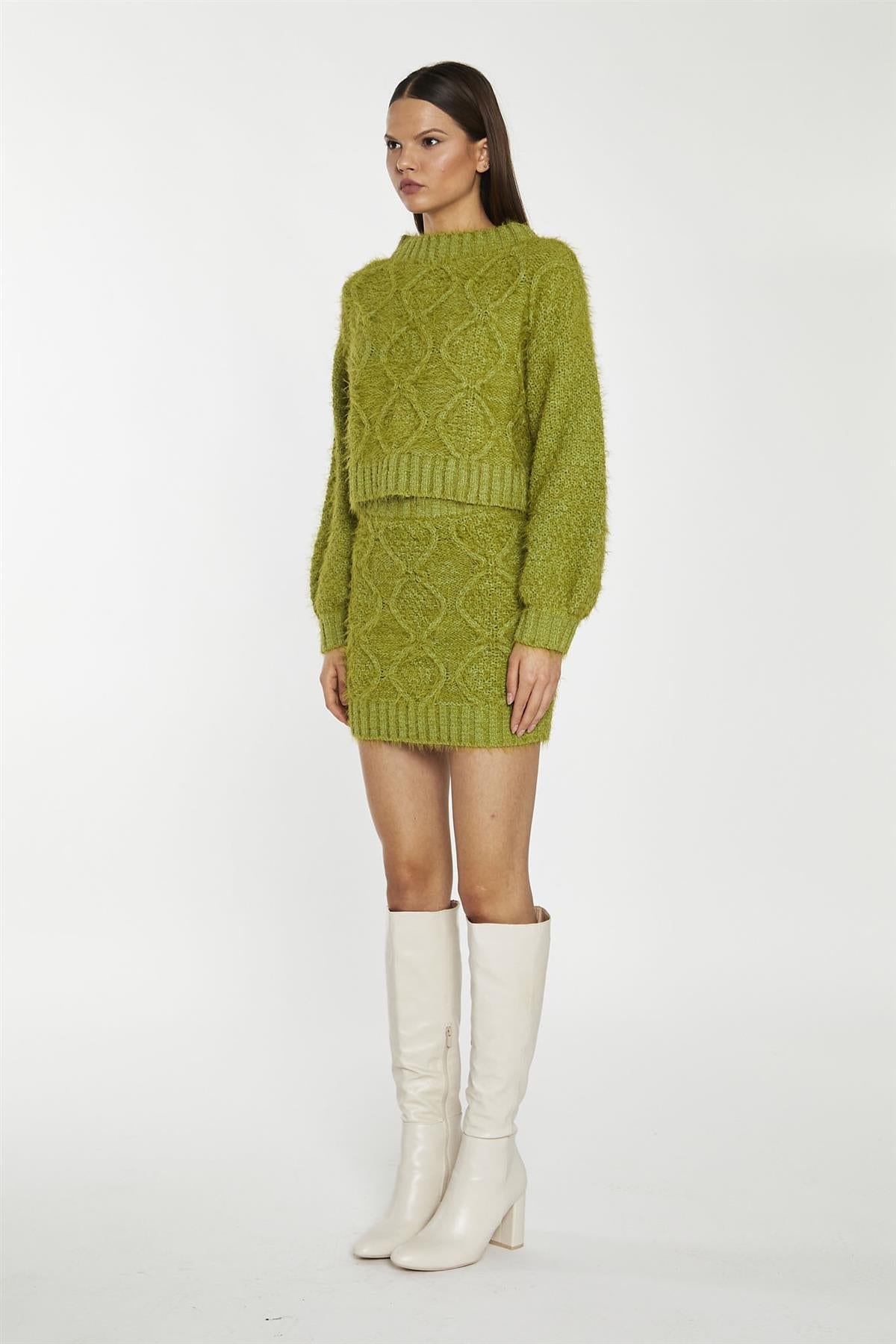 Grass-Green Cable-Knit Long Sleeve Jumper