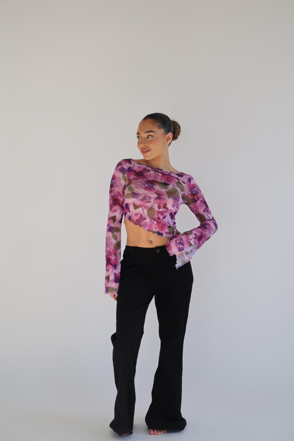 Blurred-Purple Floral Asymmetric Crop-Top