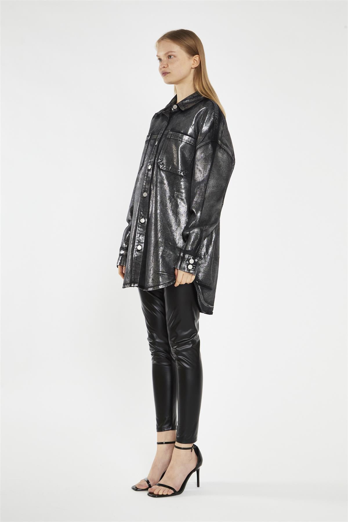 Black-Silver Foil Denim Oversized-Shirt