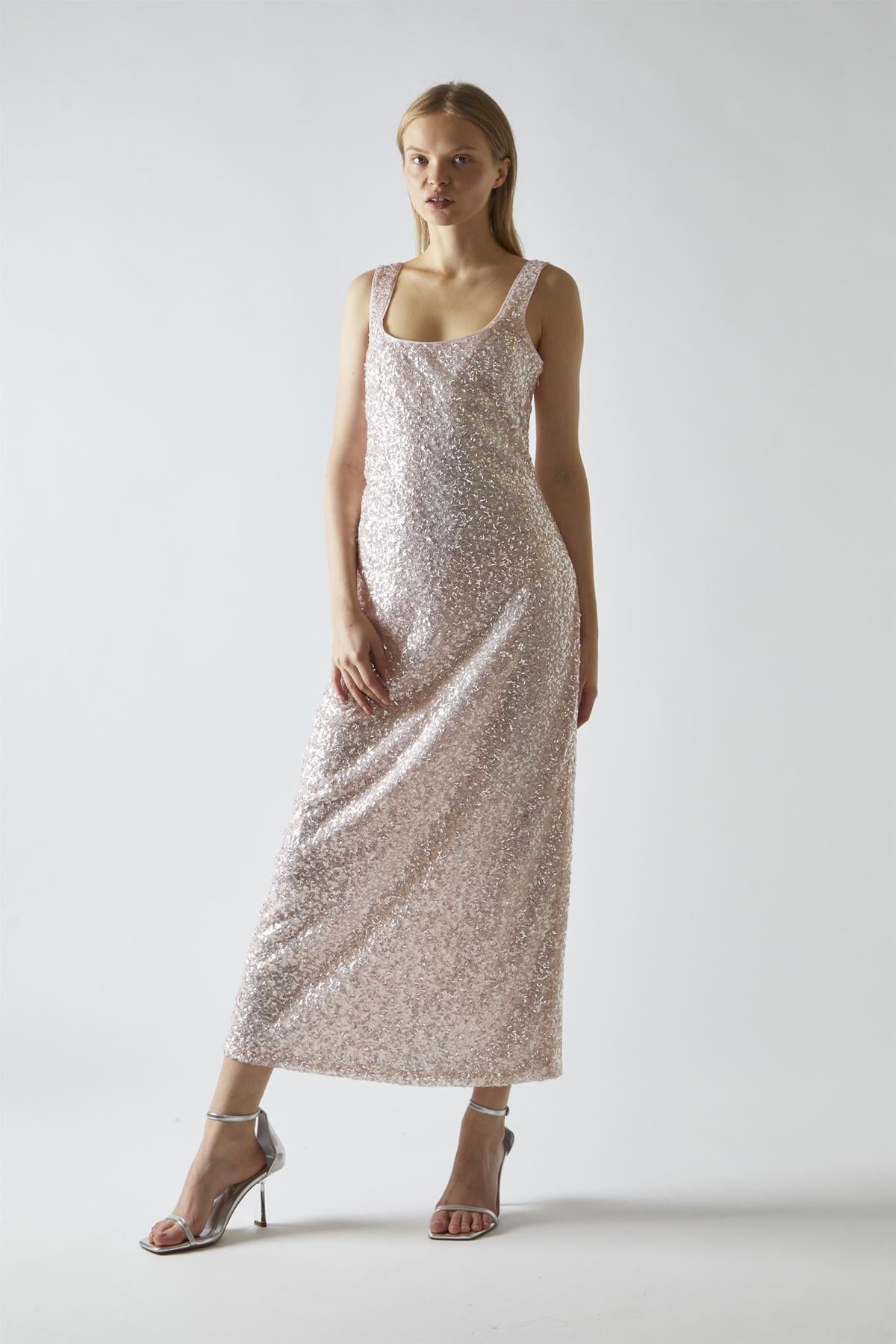 Pink-Silver Sequin Square-Neck Bias-Cut Midaxi-Dress