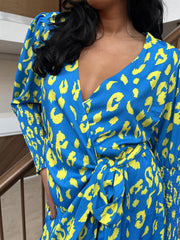 Cobalt-Yellow Leopard Wrap Midi-Dress