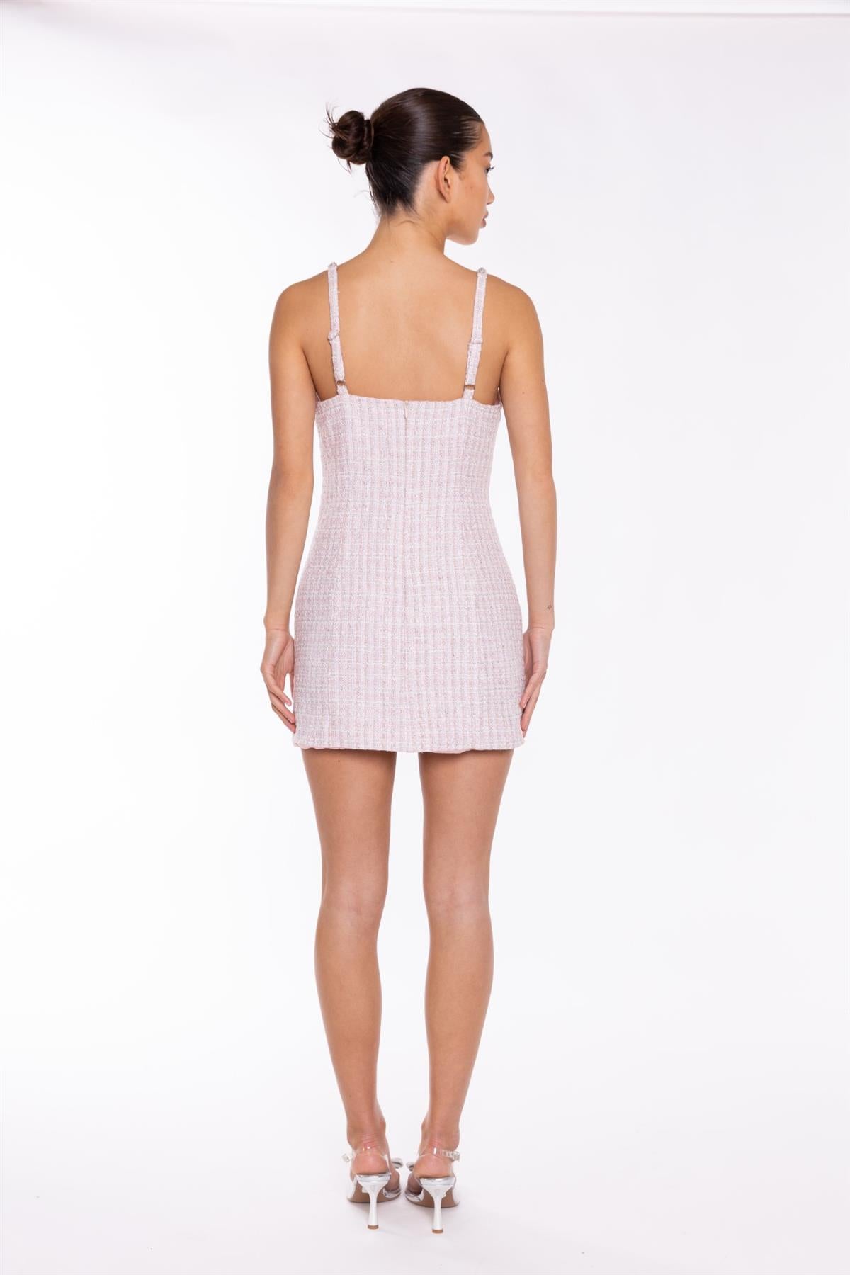 Pink-White Tweed Diamante Trim Mini-Dress