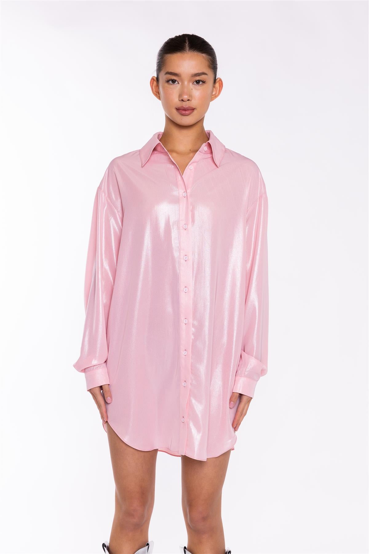 Candy-Pink Shimmer Shirt Mini-Dress