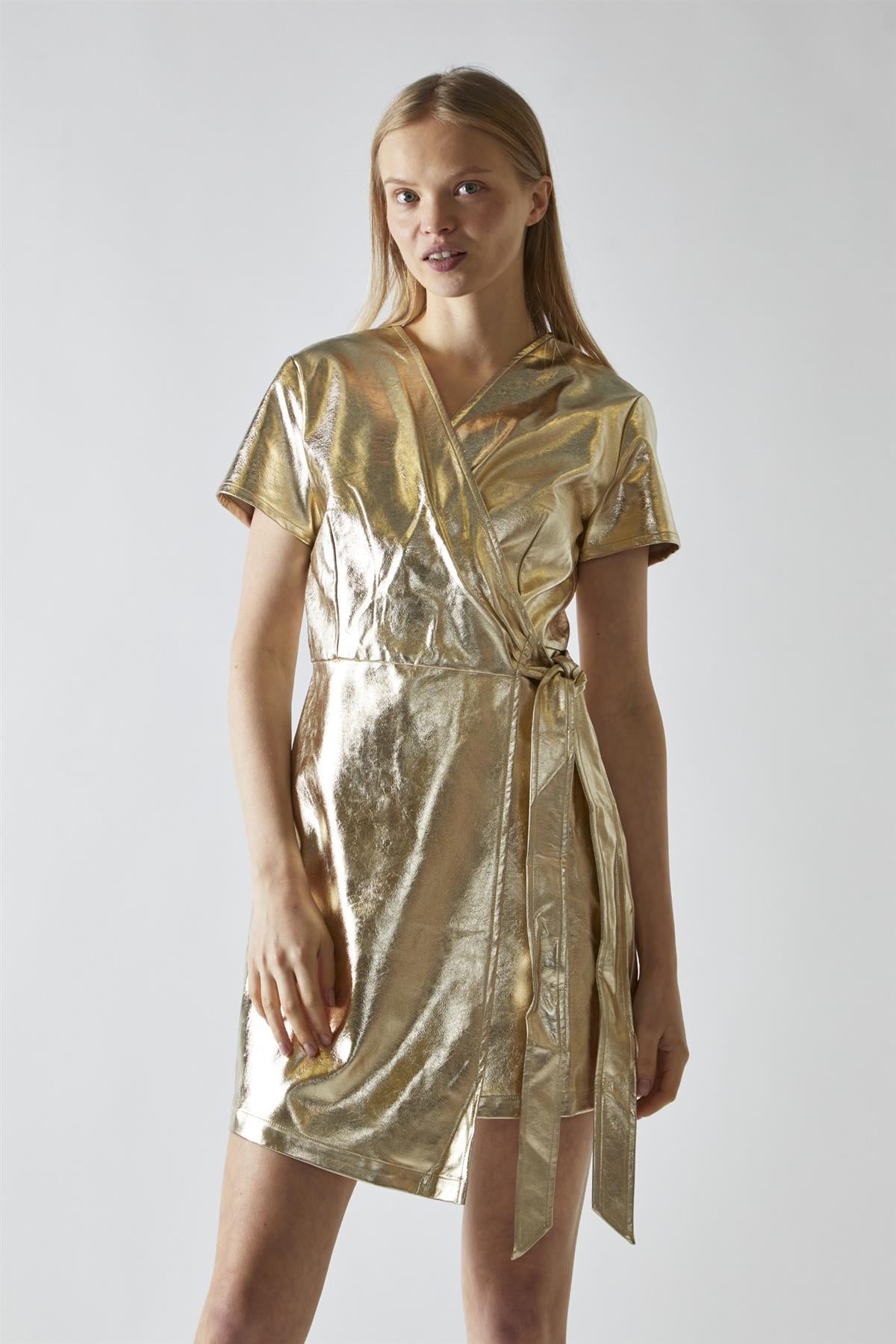 Light-Gold PU Wrap Mini-Dress