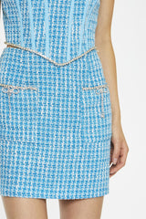 Cyan-Blue Tweed Diamante Trim Mini-Skirt