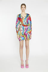 Multi-Abstract Scribble Wrap Mini-Dress