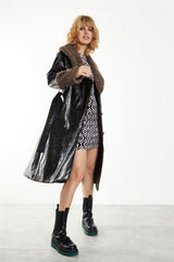 Black Ash-Brown Faux-Fur Trim Belted-Coat