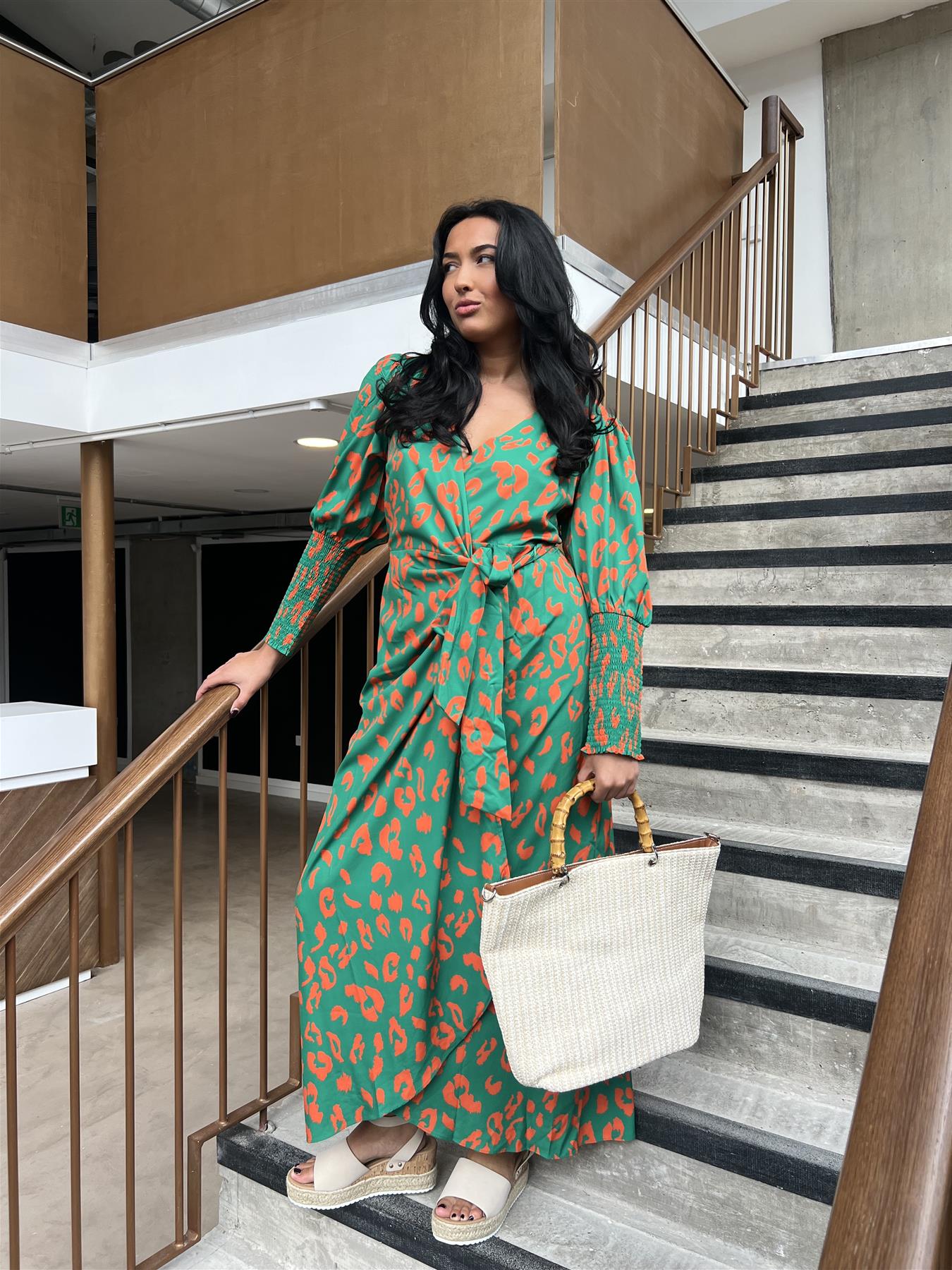 Green-Orange Leopard Wrap Midi-Dress