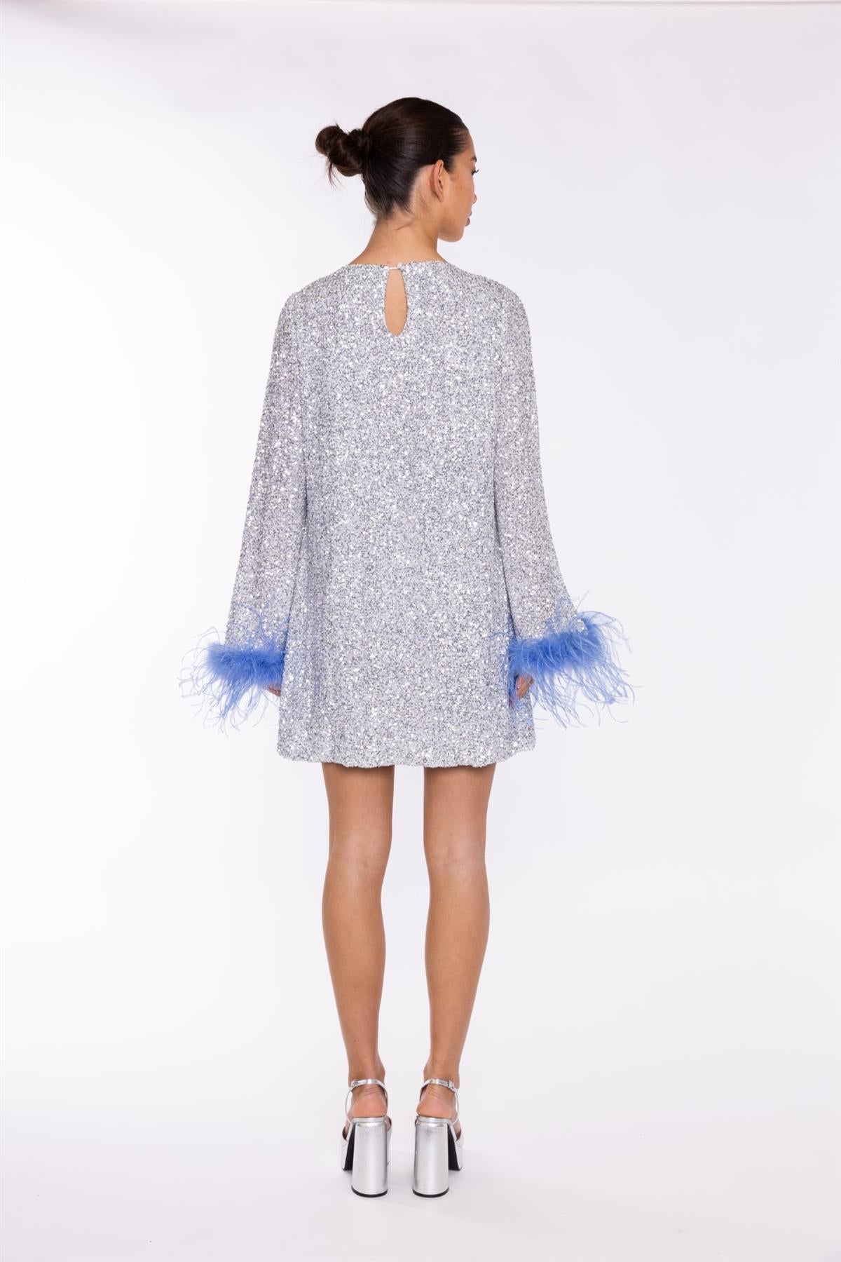 Silver-Sequin Blue Feather-Cuff Mini-Dress