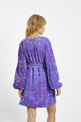 Purple Sequin Tie Waist Wrap Mini Dress