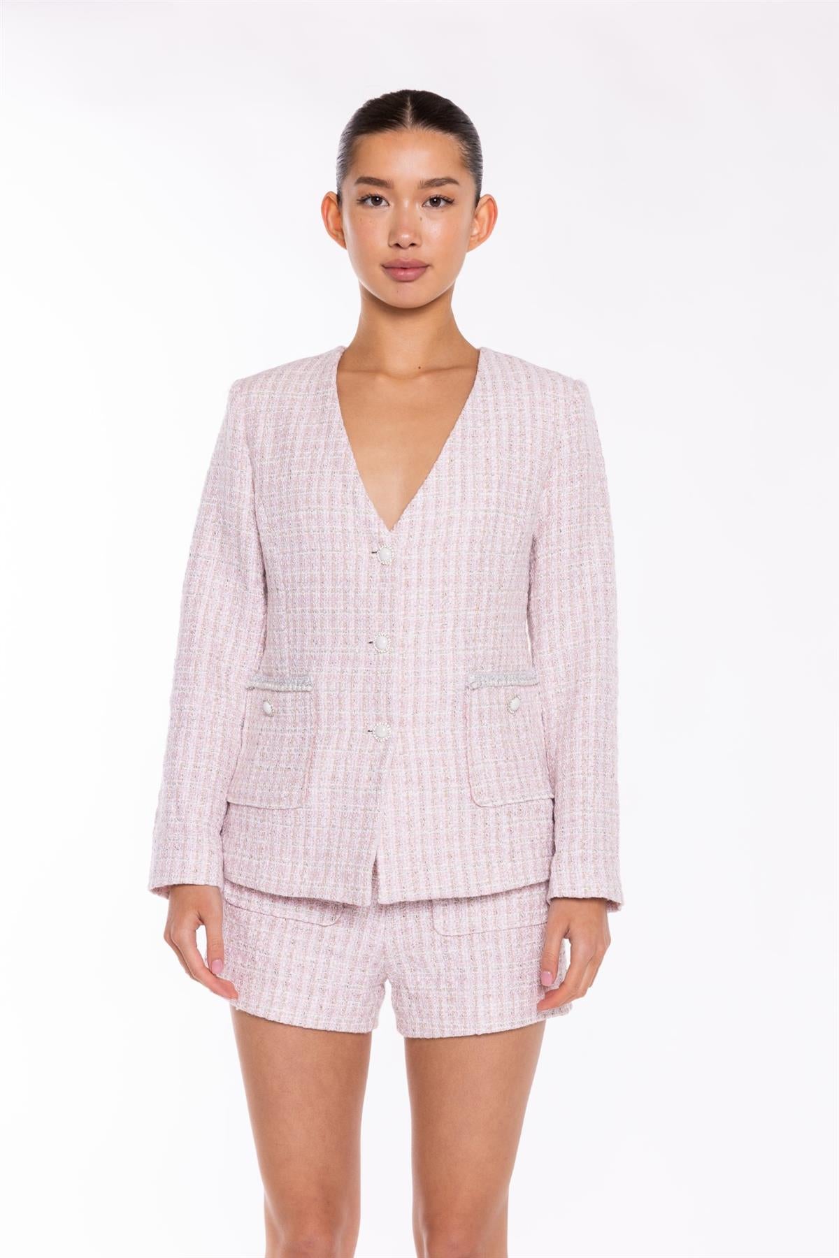 Pink-White Tweed Collarless Blazer