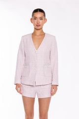 Pink-White Tweed Collarless Blazer