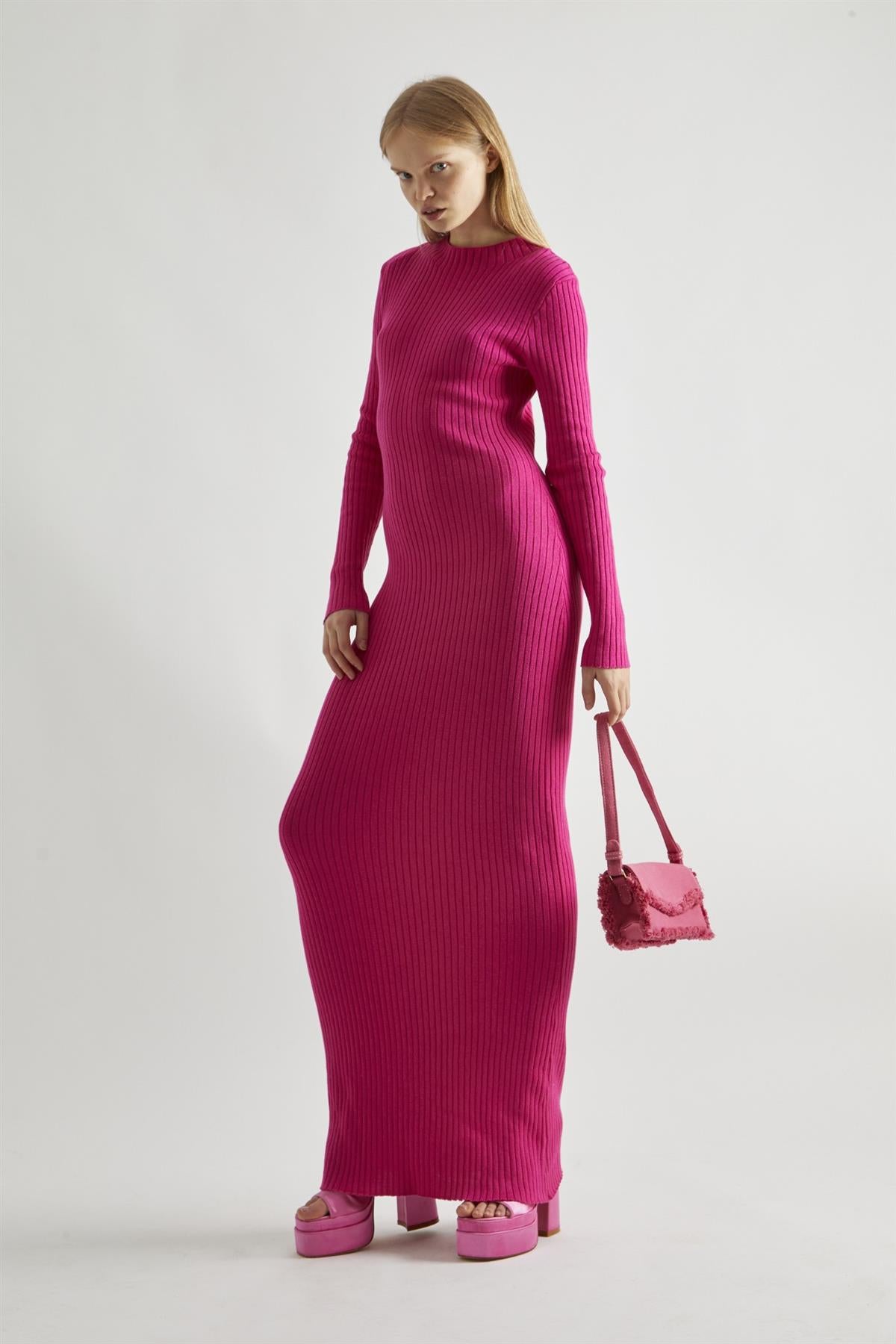 Pink High-Neck Rib-Knit Midaxi-dress