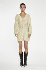 Straw-Gold Stripe Gathered Front Mini-Dress