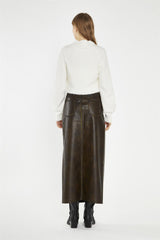 Olive-Brown Distressed-PU Straight Midi-Skirt