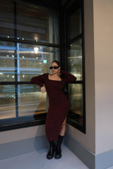 Wine Square-Neck Knitted Midi-Dress