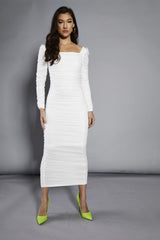 White-Mesh Gathered Maxi-Dress