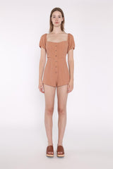 Rust-Crinkle Square-Neck Button Down-Playsuit