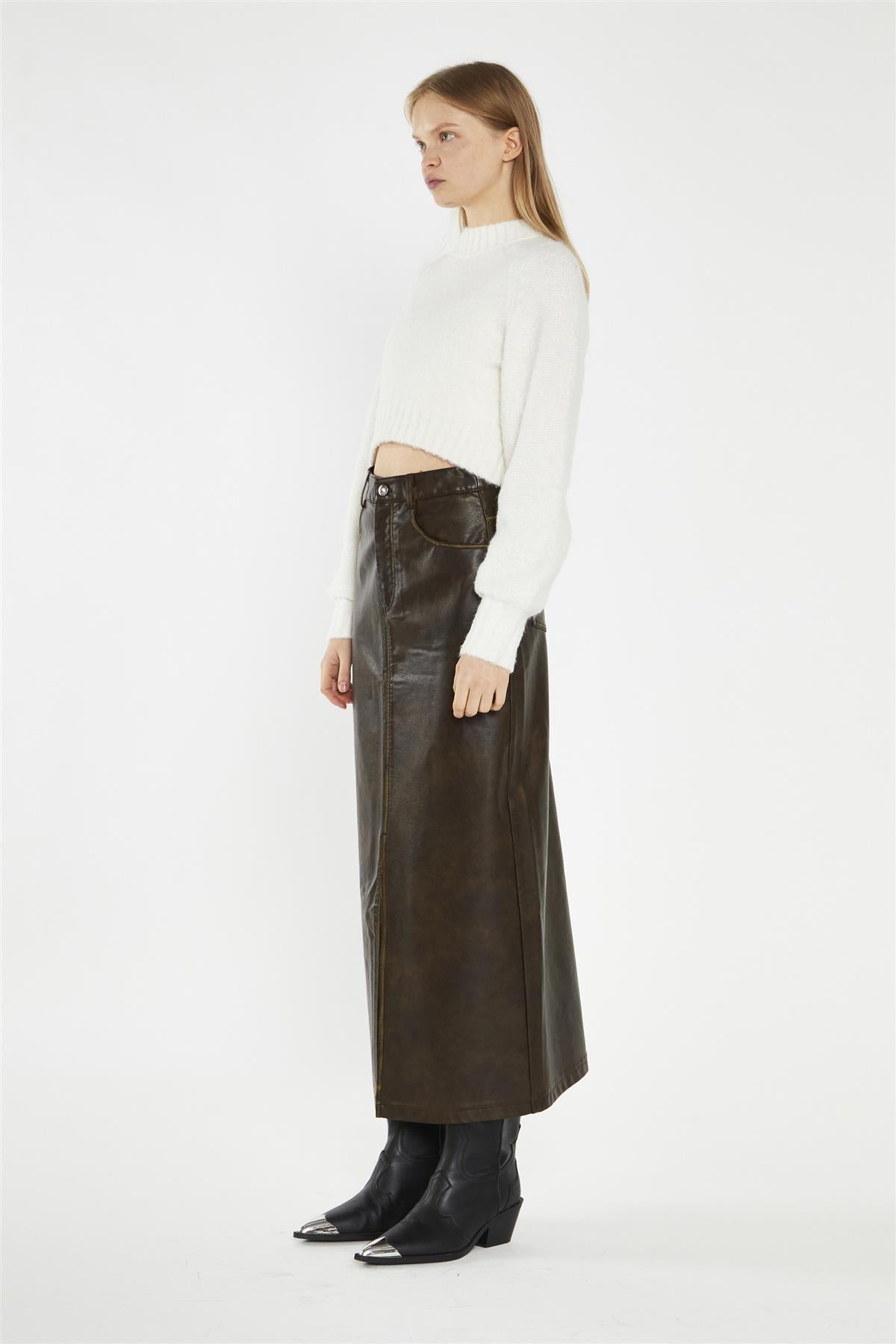 Olive-Brown Distressed-PU Straight Midi-Skirt