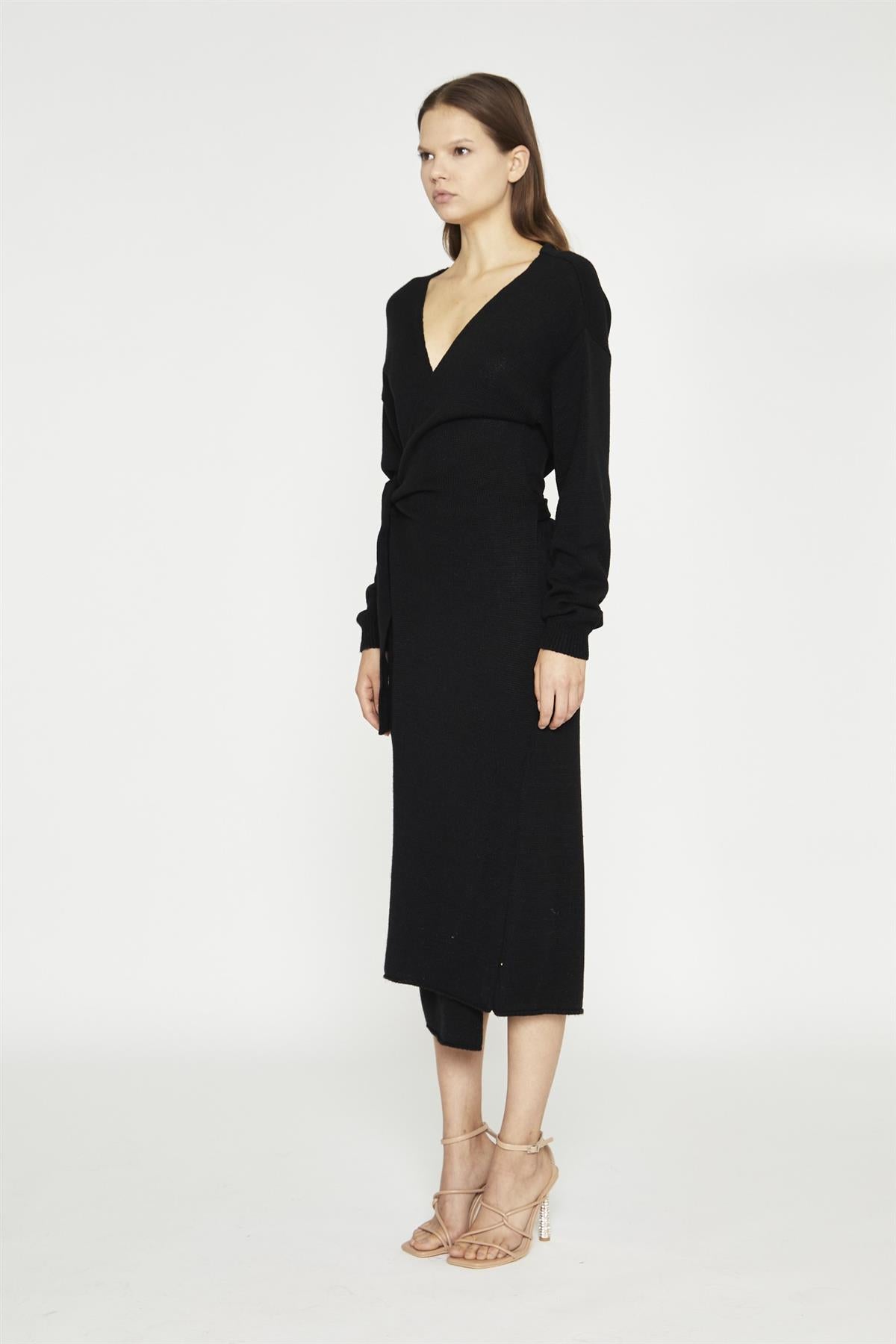 Black Tie-Waist Knitted Midi-Dress