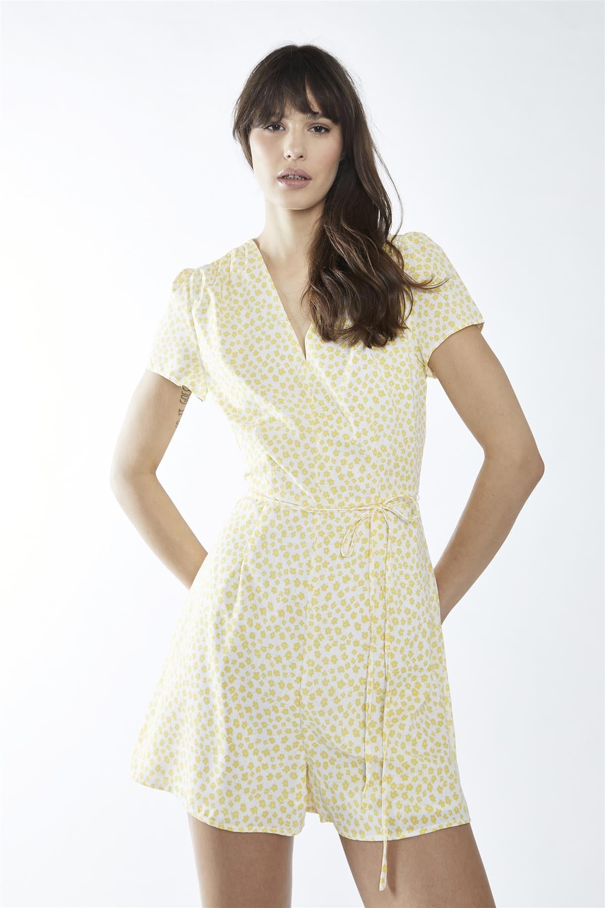 White-Yellow Ditsy V-Neck -Playsuit